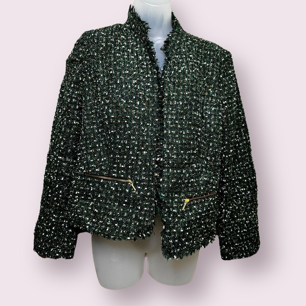 Chico’s Green Gold Metallic Tweed Open Front Jacket Size 1